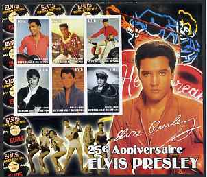 Benin 2002 Elvis Presley 25th Death Anniversary special large imperf sheet containing 6 values unmounted mint, stamps on , stamps on  stamps on elvis, stamps on  stamps on music, stamps on  stamps on entertainments, stamps on  stamps on films