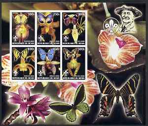 Benin 2002 Orchids & Butterflies special large imperf sheet containing 6 values each with Scouts Logo unmounted mint, stamps on , stamps on  stamps on flowers, stamps on  stamps on orchids, stamps on  stamps on butterflies, stamps on  stamps on scouts