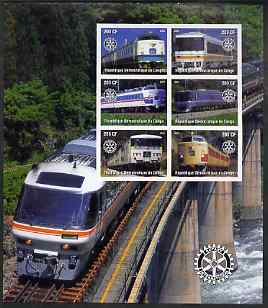 Congo 2004 Modern Trains large imperf sheet containing 6 values (each with Rotary Logo), unmounted mint, stamps on , stamps on  stamps on railways, stamps on  stamps on rotary