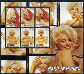 Ivory Coast 2003 Marilyn Monroe large imperf sheet containing 6 values, unmounted mint, stamps on , stamps on  stamps on personalities, stamps on  stamps on entertainments, stamps on  stamps on films, stamps on  stamps on cinema, stamps on  stamps on marilyn monroe