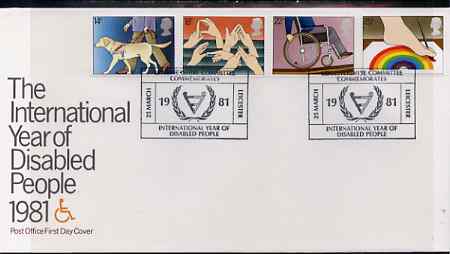 Great Britain 1981 International Year of the Disabled set of 4 on illustrated PO FDC with Leicestershire Committe IYDP special cancel (Bradbury 8), stamps on , stamps on  stamps on disabled, stamps on wheelchair, stamps on rainbow, stamps on blind