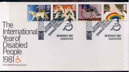 Great Britain 1981 International Year of the Disabled set of 4 on illustrated PO FDC with Menphys IYDP, Leicestershire special cancel (Bradbury 5), stamps on , stamps on  stamps on disabled, stamps on wheelchair, stamps on rainbow, stamps on blind