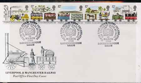 Great Britain 1980 Liverpool & Manchester Railway 150th Anniversary strip of 5 on illustrated PO FDC with Main Line Steam Trust, Loughborough special cancel (Bradbury 5), stamps on , stamps on  stamps on railways