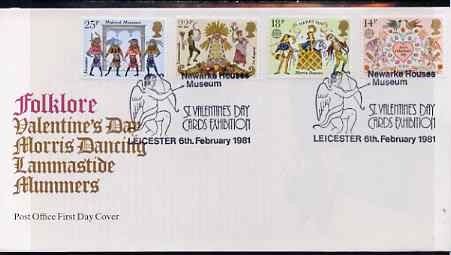 Great Britain 1981 Folklore perf set of 4 on illustrated PO FDC with Valentines Card Exhibition, Leicester special cancel (Bradbury 5), stamps on folklore, stamps on dancing, stamps on cultures