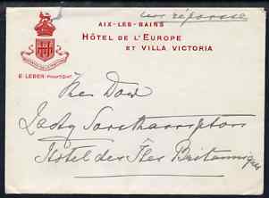 Great Britain 1907 Card from PRINCESS CHRISTIAN to the Lady Southampton inviting her to share a drive with her in Madame d'Erlanger's motor, complete with matching envelope (Hotel de L'Europe).  (Lady Ismay Southampton was Lady-in-Waiting to Queen Victoria from 1878 until her death in 1901 and close friend to the Princesses), stamps on , stamps on  stamps on royalty, stamps on  stamps on 