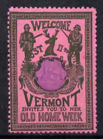 Cinderella - United States 1901 Vermont Old Home Week, perf label #1 in purple & blue on rose very fine with full gum, stamps on , stamps on  stamps on cinderella, stamps on  stamps on hunting, stamps on  stamps on fishing, stamps on  stamps on deer