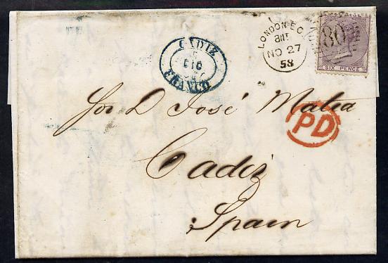 Great Britain 1858 entire to Spain bearing 6d SG70 with fine London Duplex, stamps on , stamps on  qv , stamps on 
