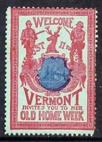 Cinderella - United States 1901 Vermont Old Home Week, perf label #7 in blue & red on green very fine with full gum, stamps on cinderella, stamps on hunting, stamps on fishing, stamps on deer