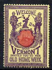 Cinderella - United States 1901 Vermont Old Home Week, perf label #8 in red & purple on yellow very fine with full gum, stamps on cinderella, stamps on hunting, stamps on fishing, stamps on deer