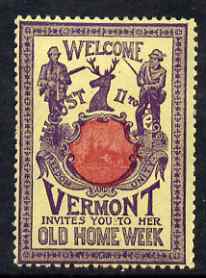 Cinderella - United States 1901 Vermont Old Home Week, perf label #8 in red & purple on yellow very fine with full gum, stamps on , stamps on  stamps on cinderella, stamps on  stamps on hunting, stamps on  stamps on fishing, stamps on  stamps on deer