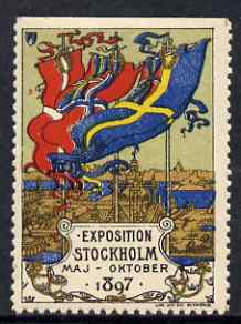 Cinderella - Sweden 1897 Exhibition, Stockholm perf label (perf on 3 sides) very fine with full gum, stamps on , stamps on  stamps on cinderella, stamps on  stamps on exhibitions, stamps on  stamps on flags