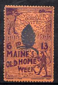 Cinderella - United States 1900 Maine's Old Home Week, perf label #1 in blue & red on salmon very fine with full gum, stamps on cinderella, stamps on hunting, stamps on fishing, stamps on deer, stamps on shooting