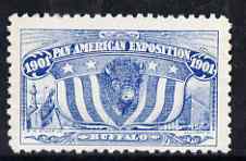 Cinderella - United States 1901 Pan American Exposition perforated label by R H Stamp Co in blue showing Buffalo, Flag, Lighthouse & Ship, fine without gum, stamps on animals, stamps on flags, stamps on lighthouses, stamps on ships, stamps on cinderella, stamps on exhibitions, stamps on rescue, stamps on bovine, stamps on 