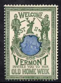 Cinderella - United States 1901 Vermont Old Home Week, perf label #9 in blue & green on yellow fine without gum, stamps on cinderella, stamps on hunting, stamps on fishing, stamps on deer