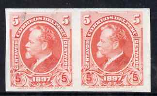 Peru 1897 New Postal Building 5c (Pres Nicolas de Pierola) imperf proof pair on ungummed paper in near issued colour from ABNCo archives, as SG 351, stamps on postal