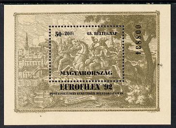 Hungary 1992 'Europhilex 92' m/sheet (Engraving) pale olive-brown shade, Mi BL 221(1) , stamps on , stamps on  stamps on arts, stamps on postal, stamps on stamp exhibitions, stamps on engravings, stamps on posthorn 