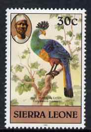 Sierra Leone 1980-82 Birds - Turaco 30c (with 1982 imprint date) unmounted mint SG 630B*, stamps on birds, stamps on 