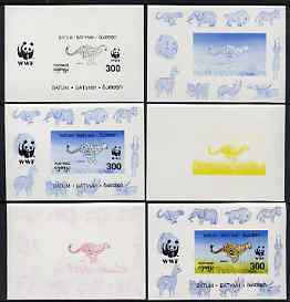 Batum 1994 WWF - Cheetah deluxe sheet - the set of 6 progressive proofs comprising the 4 individual colours, plus 2-colour and all 4-colour composites, imperf and unmount..., stamps on animals, stamps on  wwf , stamps on cats, stamps on cheetah