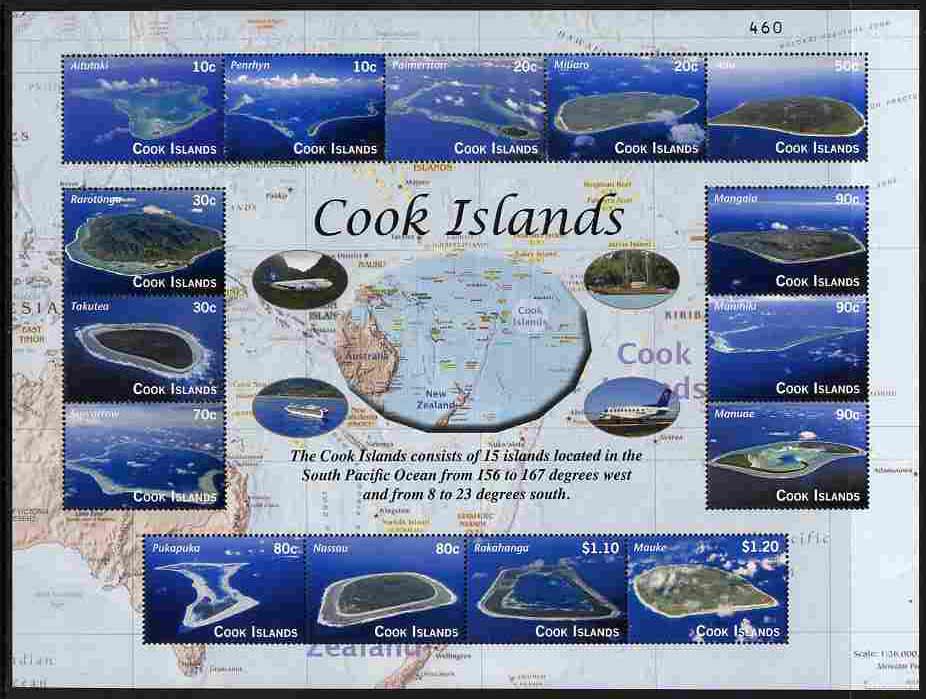 Cook Islands 2010 The Islands perf sheetlet containing 15 values numbered from a limited printing, unmounted mint, stamps on , stamps on  stamps on tourism, stamps on  stamps on aviation, stamps on  stamps on ships, stamps on  stamps on 