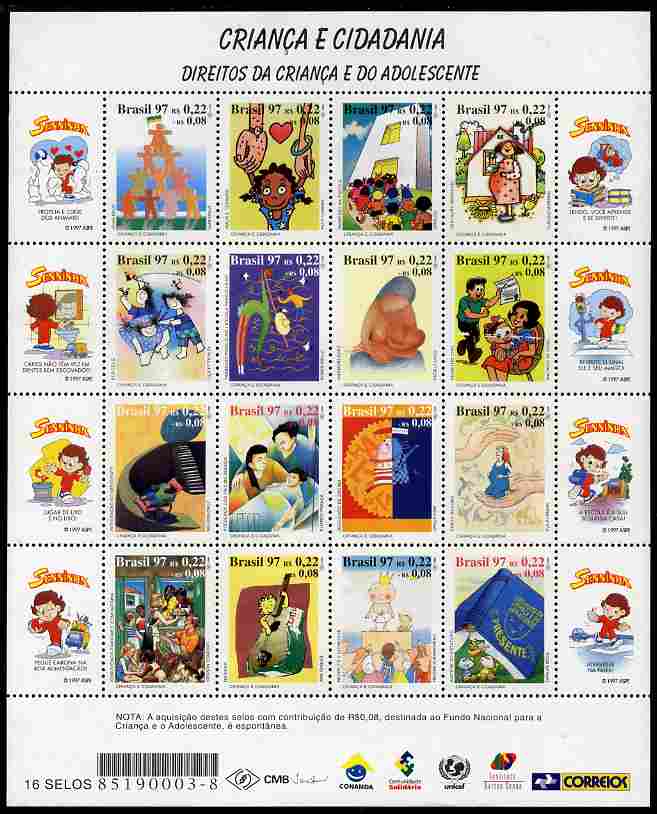 Brazil 1997 Children & Citizenship perf sheetlet containing 16 values unmounted mint SG 2860a, stamps on children, stamps on music, stamps on disabled