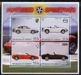 Djibouti 2006 Sports Cars perf sheetlet containing 4 values (Porsche, TVR, Ferrari & Mazda) unmounted mint, stamps on cars, stamps on porsche, stamps on ferrari, stamps on  tvr , stamps on mazda
