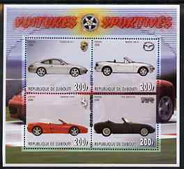 Djibouti 2006 Sports Cars perf sheetlet containing 4 values (Porsche, TVR, Ferrari & Mazda) unmounted mint, stamps on cars, stamps on porsche, stamps on ferrari, stamps on  tvr , stamps on mazda