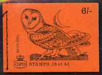 Great Britain 1968-70 Birds - Barn Owl (red cover Feb 1969) 6s booklet complete and fine, SG QP46, stamps on birds, stamps on owls, stamps on birds of prey, stamps on disasters, stamps on 