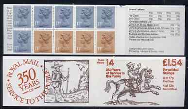 Great Britain 1981-85 Postal History series #14 (Postal Messengers) Â£1.54 booklet with selvedge at right, SG FQ4B, stamps on , stamps on  stamps on stamp on stamp, stamps on  stamps on postal, stamps on  stamps on postman, stamps on  stamps on horses, stamps on  stamps on stamponstamp