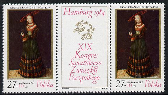 Poland 1984 Universal Postal Union Congress (Painting se-tenant with label) unmounted mint SG 2936, stamps on , stamps on  stamps on arts  upu, stamps on  stamps on  upu , stamps on  stamps on 