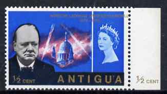 Antigua 1966 Churchill Commem 1/2c marginal single from right of sheet with superb 15mm shift of gold resulting in value at left & country name at right (plus the top ins...