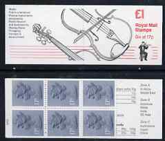 Great Britain 1986-87 Musical Instruments #1 (Violin) £1 booklet complete with cyl number, SG FH5, stamps on music, stamps on violins, stamps on musical instruments