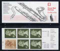 Great Britain 1986-87 Musical Instruments #3 (Bass Clarinet) £1 booklet complete with cyl numbers, SG FH7, stamps on music, stamps on clarinets, stamps on musical instruments