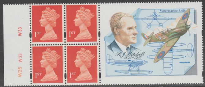 Great Britain 1995 Booklet pane with 4 x 1st class stamps plus label commemorating R J Mitchell (designer of Spitfire) SG HB9, stamps on , stamps on  stamps on personalities, stamps on  stamps on aviation, stamps on  stamps on  ww2 , stamps on  stamps on spitfires