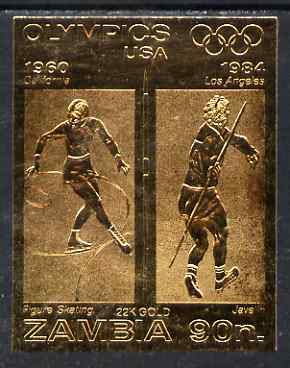 Zambia 1984 Los Angeles Olympic Games 90n imperf embossed in 22k gold foil showing Figure Skating & Javelin unmounted mint, stamps on , stamps on  stamps on olympics, stamps on  stamps on skating, stamps on  stamps on javelin