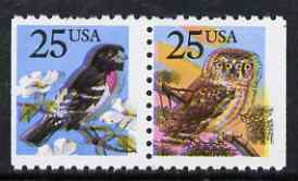 United States 1988 Birds (25c Grosbeak & 25c Owl) se-tenant pair ex booklet,with superb colour shift of red & blue resulting in double birds, unmounted mint as SG 2354-5, stamps on , stamps on  stamps on birds, stamps on  stamps on owls, stamps on  stamps on birds of prey