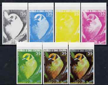 Equatorial Guinea 1974 South American Birds 35P El Traupidos, the set of 7 imperf progressive proofs comprising the 4 individual colours, plus 2, 3 and all 4-colour compo..., stamps on birds, stamps on 