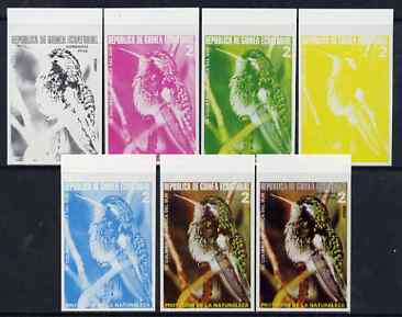 Equatorial Guinea 1974 South American Birds 2P Colibrie Hummingbird, the set of 7 imperf progressive proofs comprising the 4 individual colours, plus 2, 3 and all 4-colour composites, superb unmounted mint, Mi 486, stamps on birds, stamps on hummingbirds, stamps on hummingbirds