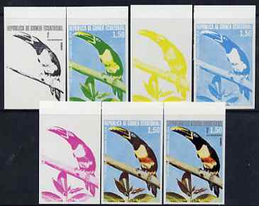 Equatorial Guinea 1974 South American Birds 1P50 Toucan, the set of 7 imperf progressive proofs comprising the 4 individual colours, plus 2, 3 and all 4-colour composites, superb unmounted mint, Mi 484, stamps on , stamps on  stamps on birds, stamps on  stamps on toucan