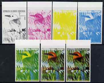 Equatorial Guinea 1974 South American Birds 1P25 Motmot, the set of 7 imperf progressive proofs comprising the 4 individual colours, plus 2, 3 and all 4-colour composites, superb unmounted mint, Mi 483, stamps on , stamps on  stamps on birds, stamps on  stamps on 