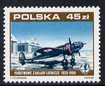 Poland 1988 Aircraft Works (PZL P37 Los) unmounted mint SG 3171, stamps on , stamps on  stamps on aviation  