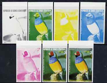 Equatorial Guinea 1974 Australian Birds 3P Pajaro Diamante Bird, the set of 7 imperf progressive proofs comprising the 4 individual colours, plus 2, 3 and all 4-colour co..., stamps on birds, stamps on bird of paradise