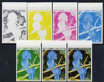 Equatorial Guinea 1974 Australian Birds 2P75 La Gura Bird, the set of 7 imperf progressive proofs comprising the 4 individual colours, plus 2, 3 and all 4-colour composites, superb unmounted mint, Mi 489, stamps on birds, stamps on 