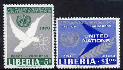 Liberia 1970 25th Anniversary of United Nations perf set of 2 unmounted mint, SG 1018-19, stamps on , stamps on  stamps on united nations, stamps on  stamps on doves