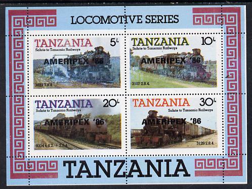 Tanzania 1986 Railways m/sheet (as SG MS 434) overprinted 'AMERIPEX '86' in black unmounted mint, stamps on , stamps on  stamps on postal, stamps on  stamps on railways, stamps on  stamps on stamp exhibitions