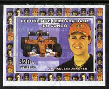 Congo 2006 Formula 1 Drivers #3 Michael Schumacher imperf sheetlet cto used, stamps on , stamps on  stamps on personalities, stamps on  stamps on cars, stamps on  stamps on  f1 , stamps on  stamps on racing cars, stamps on  stamps on ferrari