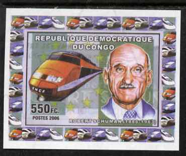 Congo 2006 Robert Schuman #1 with High Speed Train imperf sheetlet cto used, stamps on personalities, stamps on railways, stamps on constitutons, stamps on europa