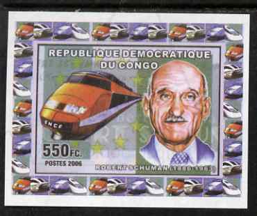 Congo 2006 Robert Schuman #1 with High Speed Train imperf sheetlet cto used, stamps on , stamps on  stamps on personalities, stamps on  stamps on railways, stamps on  stamps on constitutons, stamps on  stamps on europa