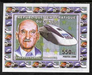 Congo 2006 Robert Schuman #2 with High Speed Train imperf sheetlet cto used, stamps on personalities, stamps on railways, stamps on constitutons, stamps on europa