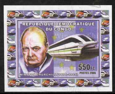 Congo 2006 Winston Churchill #1 with High Speed Train imperf sheetlet cto used, stamps on personalities, stamps on railways, stamps on constitutons, stamps on churchill