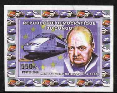 Congo 2006 Winston Churchill #2 with High Speed Train imperf sheetlet cto used, stamps on , stamps on  stamps on personalities, stamps on  stamps on railways, stamps on  stamps on constitutons, stamps on  stamps on churchill